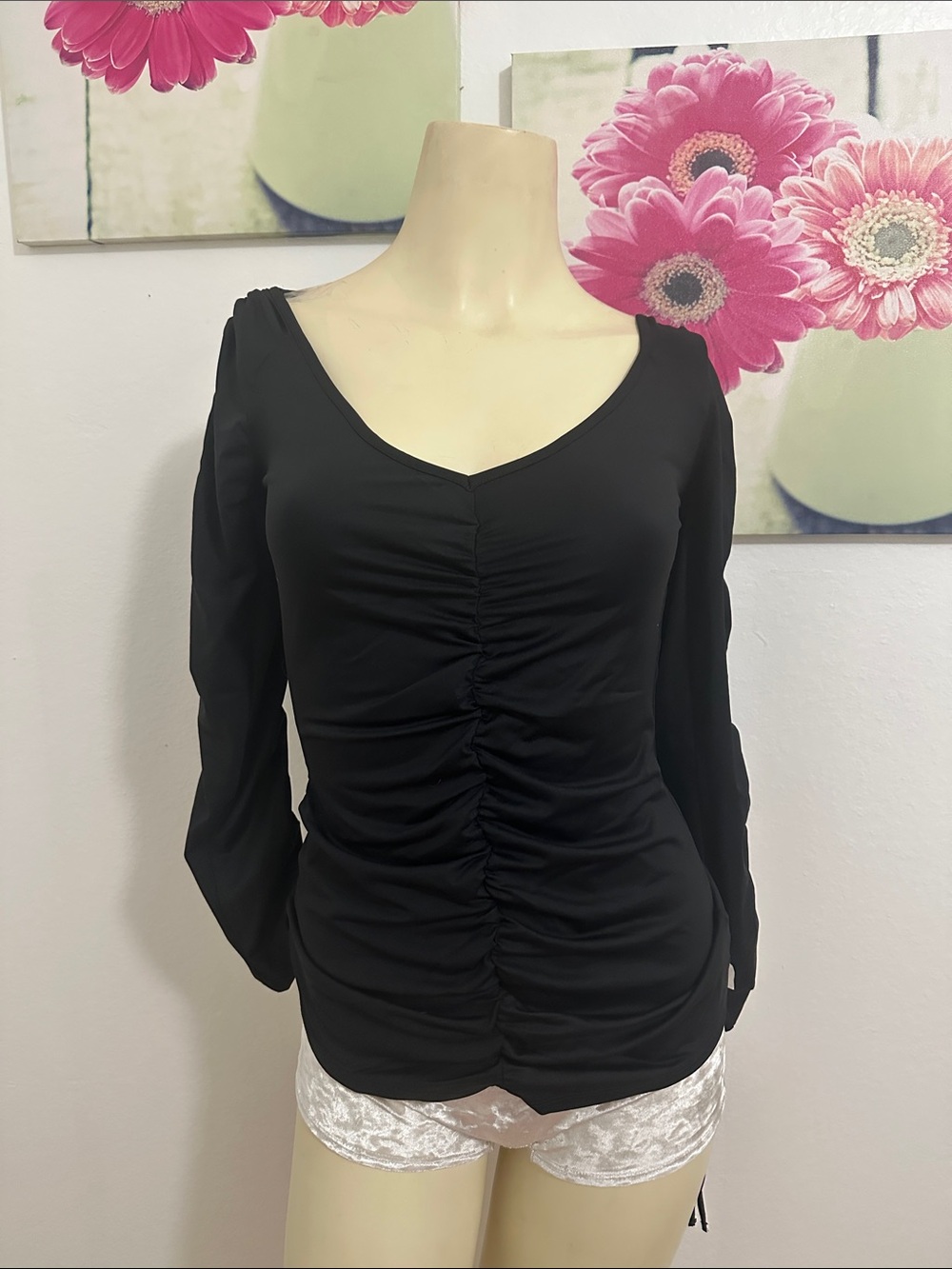 Anne Fontaine Black Ruched V-Neck Long Sleeve Top